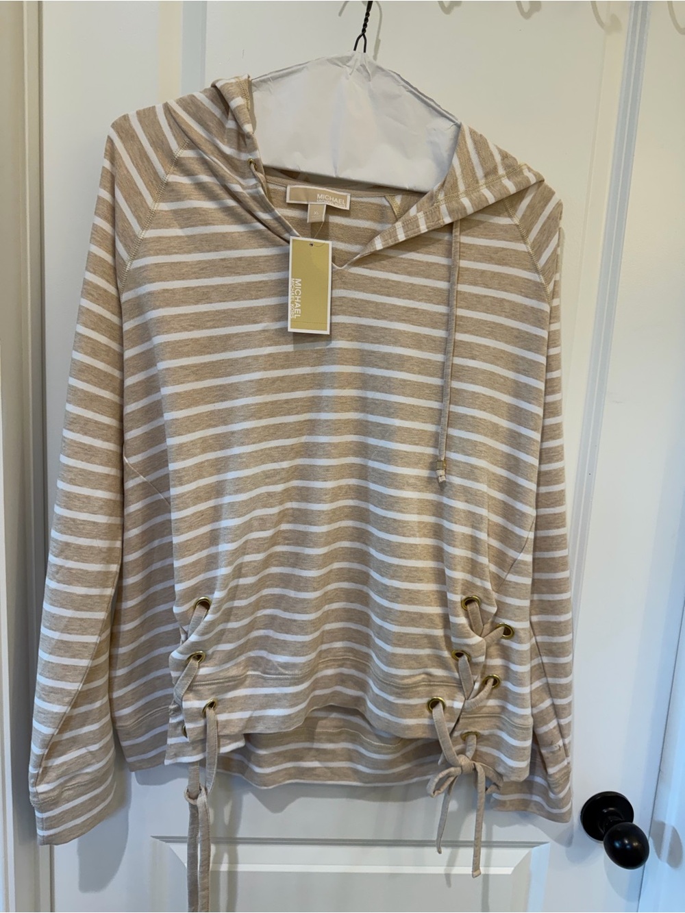 Michael Kors Beige and White Striped Hooded Lace-Up Pullover